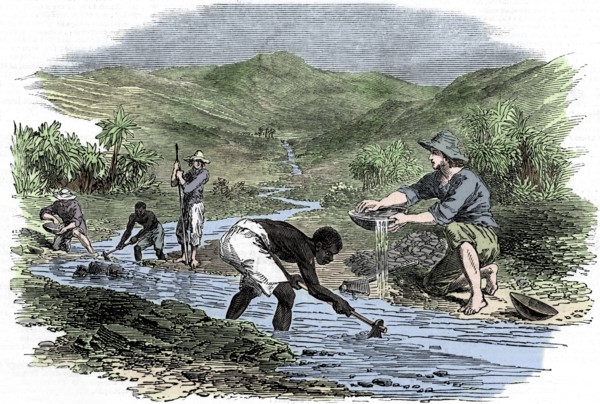Panning for gold during the Californian Gold Rush of 1849. Artist: Unknown.