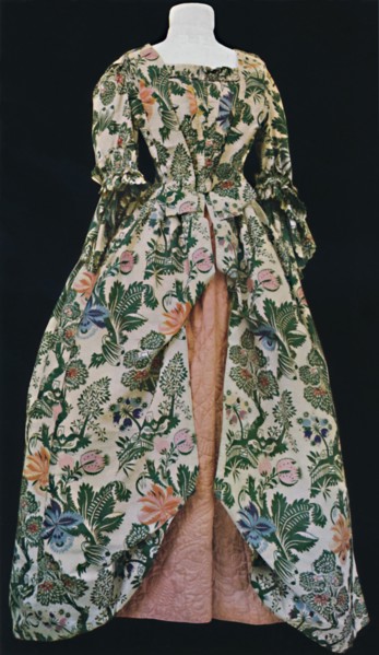 'Dress of Spitalfields silk, with pink satin quilted petticoat. Second half of eighteenth century',  Artist: Unknown.