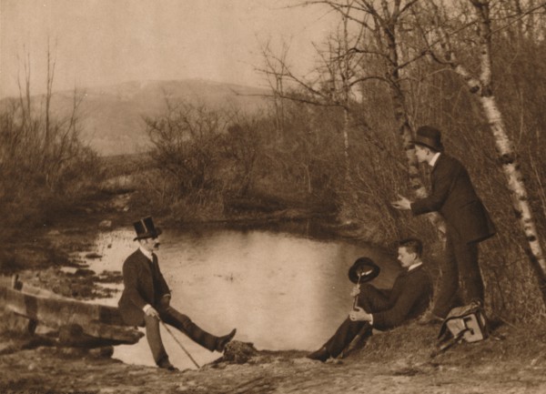 'Three men by pond', 1937. Artist: Louis Guichard.