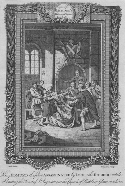'King Edmund the first Assassinated by Leolf the Robbe', c1787. Artist: Unknown.