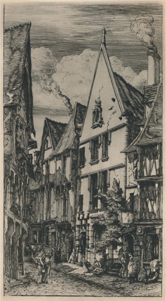 'Rue Des Toiles A Bourges (5th State, 8 1/2 x 4 3/4 Inches)', 1853, (1927). Artist: Charles Meryon.