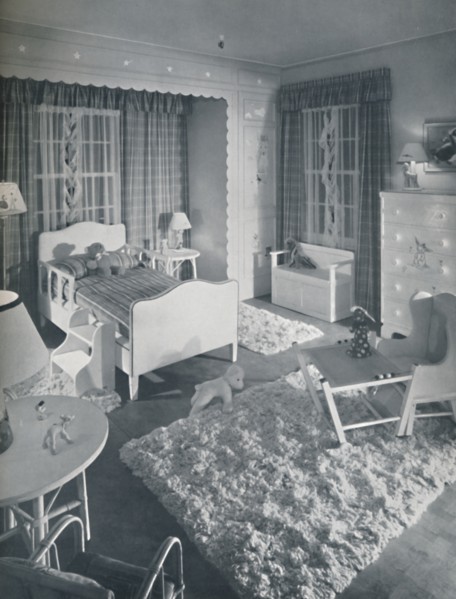 'Nursery by W. & J. Sloane, with cream-coloured furniture and shaggy white rugs on a blue painted fl Artist: Unknown.
