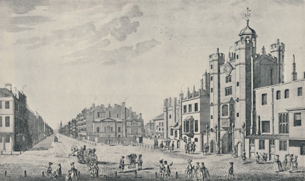 'Outside St. James's Palace, Pall Mall', 1740-1760, (1920). Artist: Thomas Bowles.