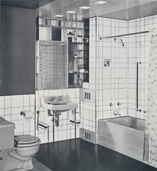 'Crane Co. - A compact recess tiled in canary yellow, scored with orange, showing the stainless-stee Artist: Unknown.