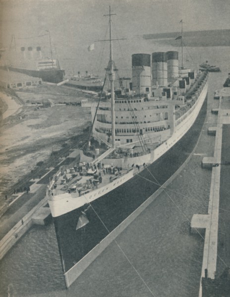 'Arrival of RMS Cunard White Star liner Queen Mary in King George V Graving Dock', 1936. Artist: Unknown.