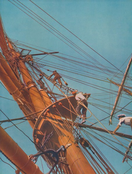 'Going aloft on board the Archibald Russell,  square-riggers under Finnish flag', 1937. Artist: Unknown.