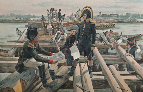 'Building the Bridge at the Island of Lobau', 1809, (1896). Artist: Unknown.