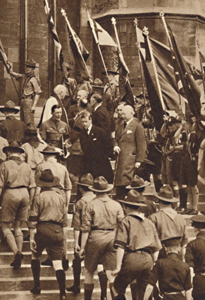 'With Boy Scouts at Windsor', 1937. Artist: Unknown.