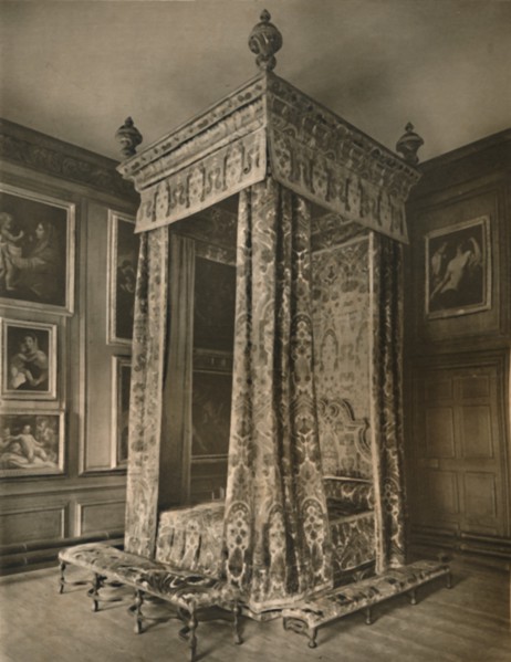 'Queen Anne's State Bedstead in Crimson and Gold Figured Velvet', 1927. Artists: Edward F Strange, Unknown.