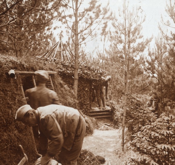 Soldiers in earth-covered shelters, Genicourt, northern France, c1914-c1918. Artist: Unknown.