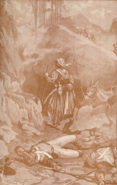 'The Cantinière of the 26th Regiment Climbing The Rocks at Busaco', 1810, (1896).  Artist: Unknown.