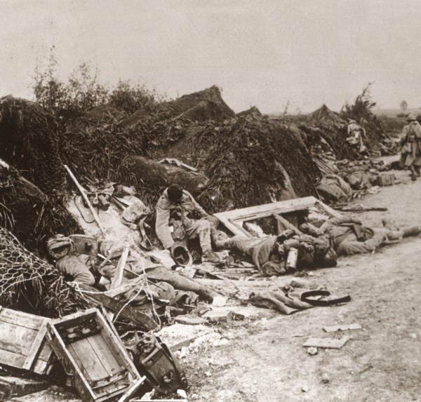 Bodies after the taking of Courcelles, northern France, June 1918. Artist: Unknown.