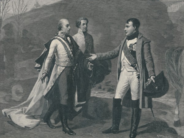 'Meeting of Napoleon and Francis I after Austerlitz', 1805, (1896). Artist: M Haider.