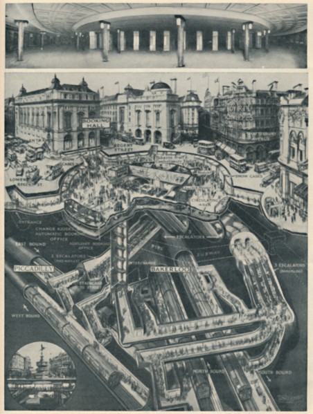 'A New Piccadilly Circus Below The Old As The Gateway to the Tubes', c1935. Artist: D Macpherson.