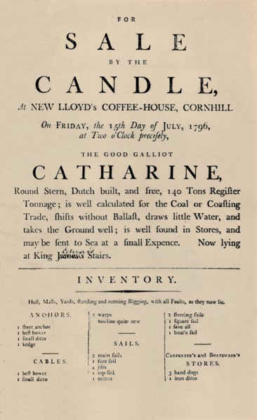 'Advertisement of Sale by Candle at Lloyd's, 1796', (1928). Artist: Unknown.
