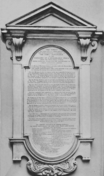 The Times Memorial at Lloyd's, c1800s, (1928). Artist: Unknown.
