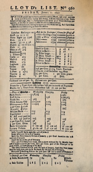 'Facsimile of the Earliest Extant Copy of Lloyd's List', c1740s, (1928). Artist: Unknown.