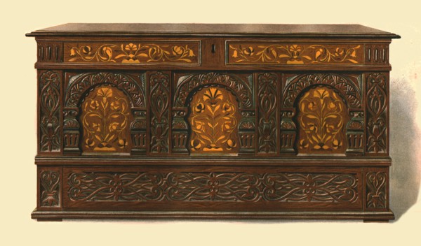 Oak inlaid chest, 1904. Artist: Shirley Slocombe.