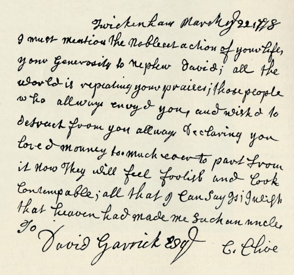 'Facsimile of autograph letter by Kitty Clive', 1907. Artist: Unknown.