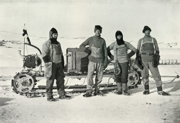 'The Motor Party (Left to right - Lashly, B.C. Day, Lieut. Evans, Hooper)', October 1911, (1913). Artist: Herbert Ponting.