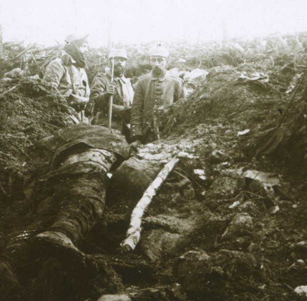 Bodies and prisoners, Les Éparges, northern France, 1915.  Artist: Unknown.