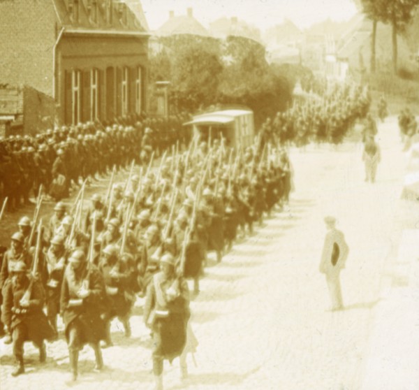 Troops marching, Alveringem, Flanders, Belgium, c1914-c1918. Artist: Unknown.
