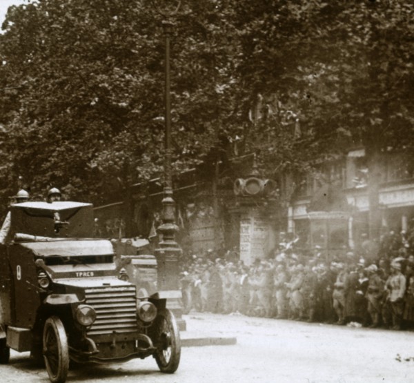Machine gun mounted in armoured vehicle, victory parade, c1918. Artist: Unknown.