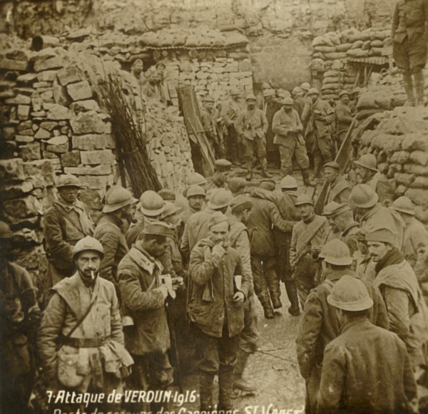 First aid post in quarry, Saint-Vaast, attack of Verdun, northern France, 1916. Artist: Unknown.