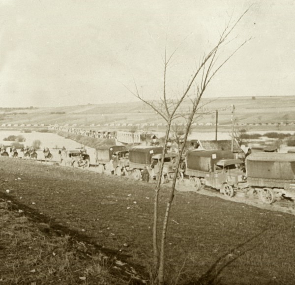 Column of trucks on the Voie Sacrée, Verdun, northern France, c1914-c1918.  Artist: Unknown.