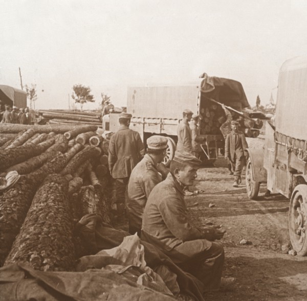 Trucks on the Voie Sacrée, Verdun, northern France, c1914-c1918.  Artist: Unknown.