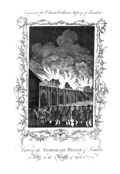 'View of the Temporary Bridge of London on Fire...1758.', c1770. Artist: Charles Grignion.