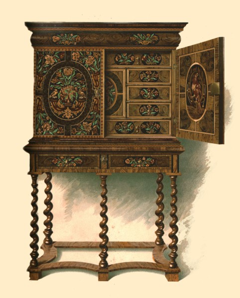Walnut cabinet inlaid with marquetry, 1905. Artist: Shirley Slocombe.
