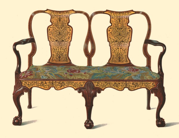 Walnut settee inlaid with marquetry, 1905. Artist: Shirley Slocombe.