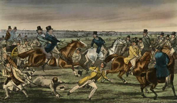 'Mr. Jorrocks makes his Entrée into the Newmarket Betting-ring', 1838. Artist: Henry Thomas Alken.