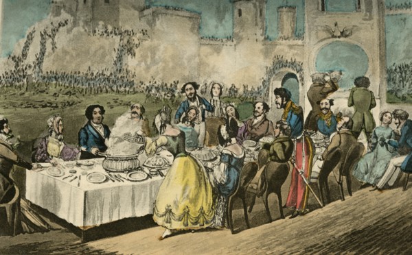 'The Table d'Hôte- 'Water, I do declare, - with Worms in it', 1838. Artist: Henry Thomas Alken.