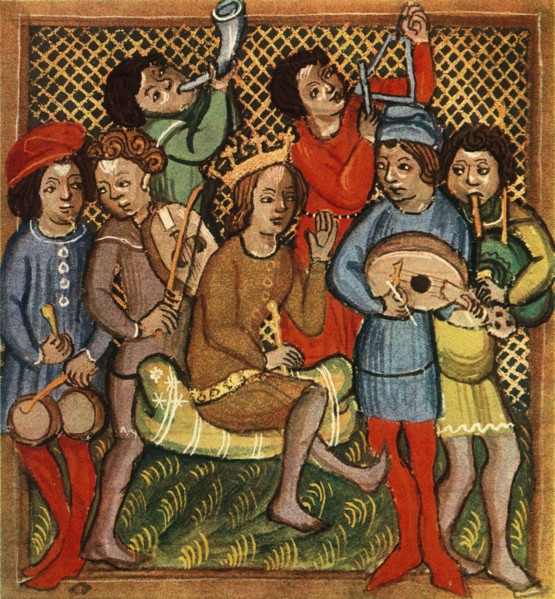 'Small drums, fiddle, horn, triangle lute and bagpipes; Olomouc Bible, 1417', 1948. Artist: Unknown.