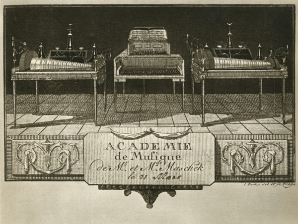 'Glass harmonicas and keyboard chimes; engraving from the first half of the nineteenth century, on a Artist: Unknown.