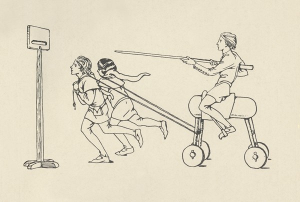 'Boys playing at Riding at the Quintain (Romance of Alexander, about 1340. Bodleian)', (1931). Artist: Charles Henry Bourne Quennell.