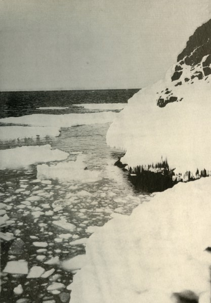 'The First Landing-Place, Showing Bay Ice Breaking Out and Drifting Away North', 1908, (1909). Artist: Unknown.