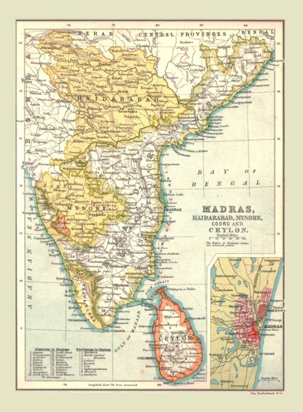 Map of Madras, Hyderabad, Mysore, Coorg and Ceylon, 1902.  Creator: Unknown.