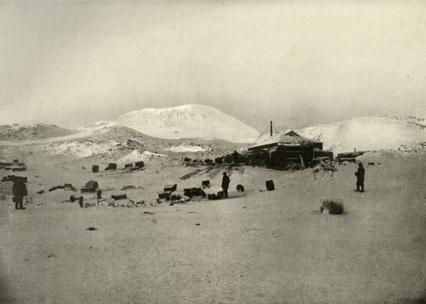 'The Winter Quarters. With Mount Erebus in the Background', c1908, (1909). Artist: Unknown.