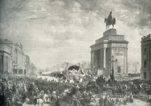 'The Funeral of the Duke of Wellington Passing Apsley House, November 18, 1852', (c1897). Artist: E&S Woodbury.