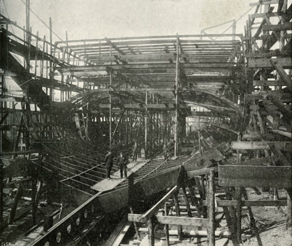 'The Building of a War-Ship: A First-Class Cruiser in Progress at the Thames Ironworks', (c1897). Artist: E&S Woodbury.