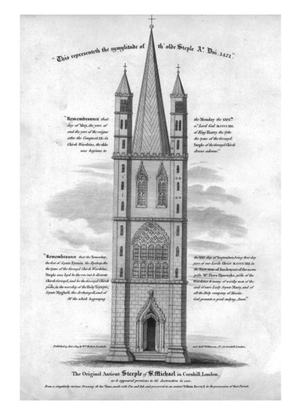 'The Original Ancient Steeple of St. Michael in Cornhill, London...1421', (1809). Creator: Unknown.