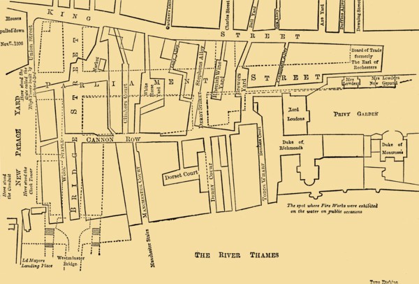 'Plan of a Portion of Westminster Between 1734 and 1748 - Before the Erection of Parliament Street', Creator: Unknown.