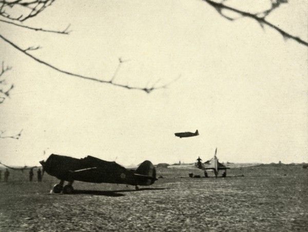 'Morane 406 at Vassincourt Aerodrome with French Curtiss Hawk and  Hurricane', 1939-1940, (1941). Creator: Unknown.