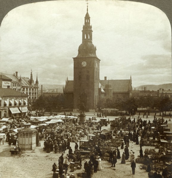'The "Great Market" around statue Christian IV, Christiania, Norway', c1905. Creator: Unknown.