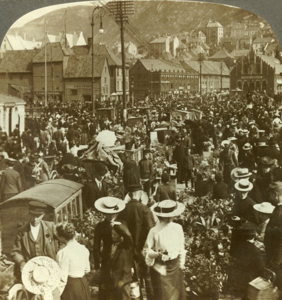 'Great market-place of busy Bergen, the flower market N. to the fish market, Norway', c1905. Creator: Unknown.