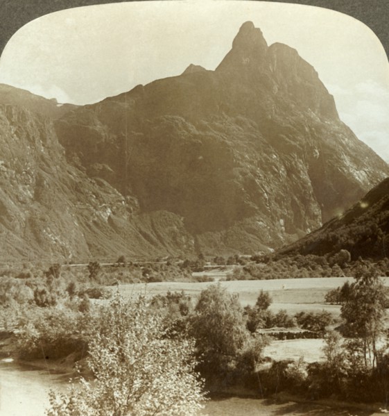 'Sharp pinnacles of Romdalshorn crowning  mountain wall above Rauma river, Norway', c1905. Creator: Unknown.