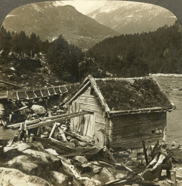 'A log-built mill and a water-wheel grindstone, on Stalheim's river, Naerodal, Norway', c1905. Creator: Unknown.